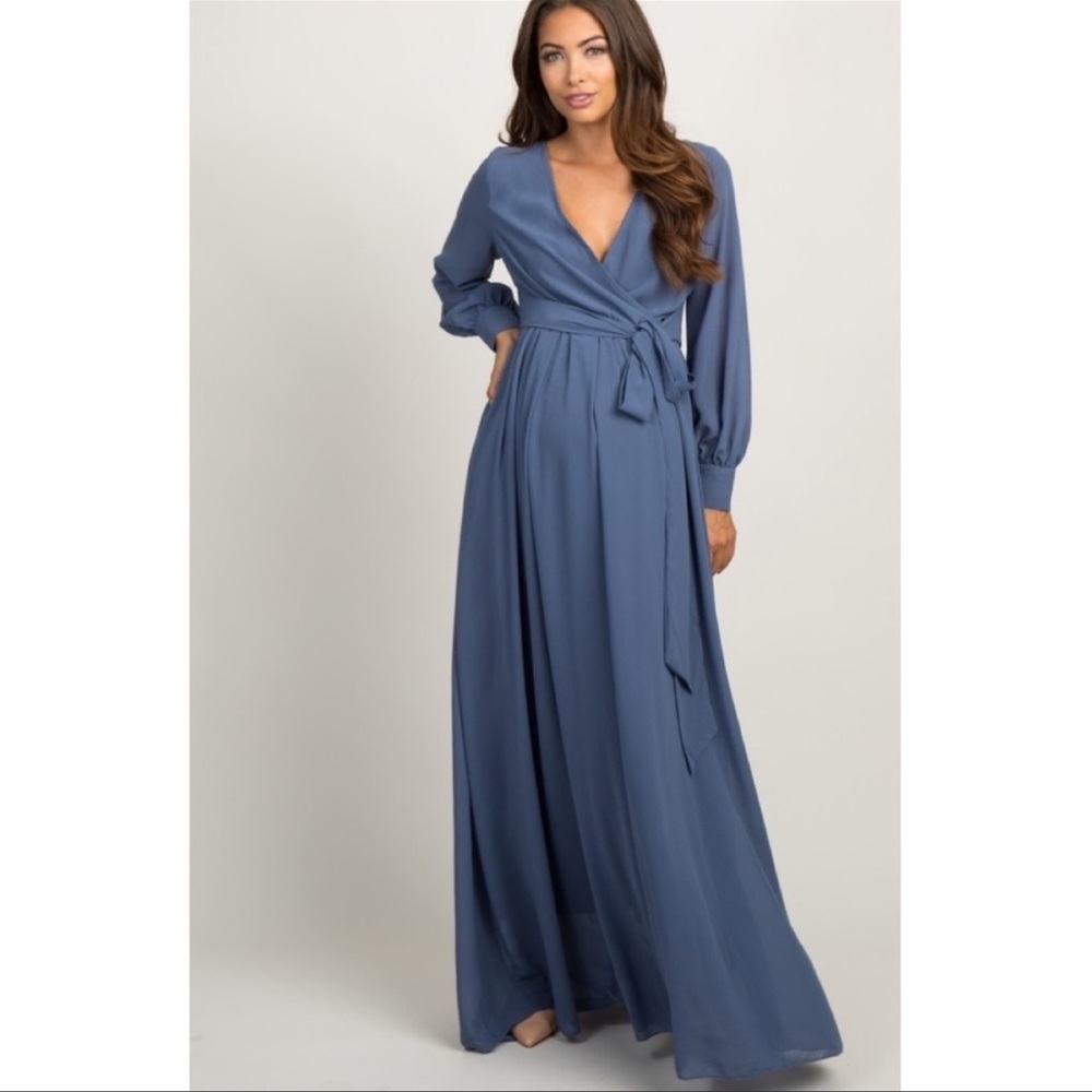 Blue Chiffon Long Sleeve Pleated Maternity Maxi Dress